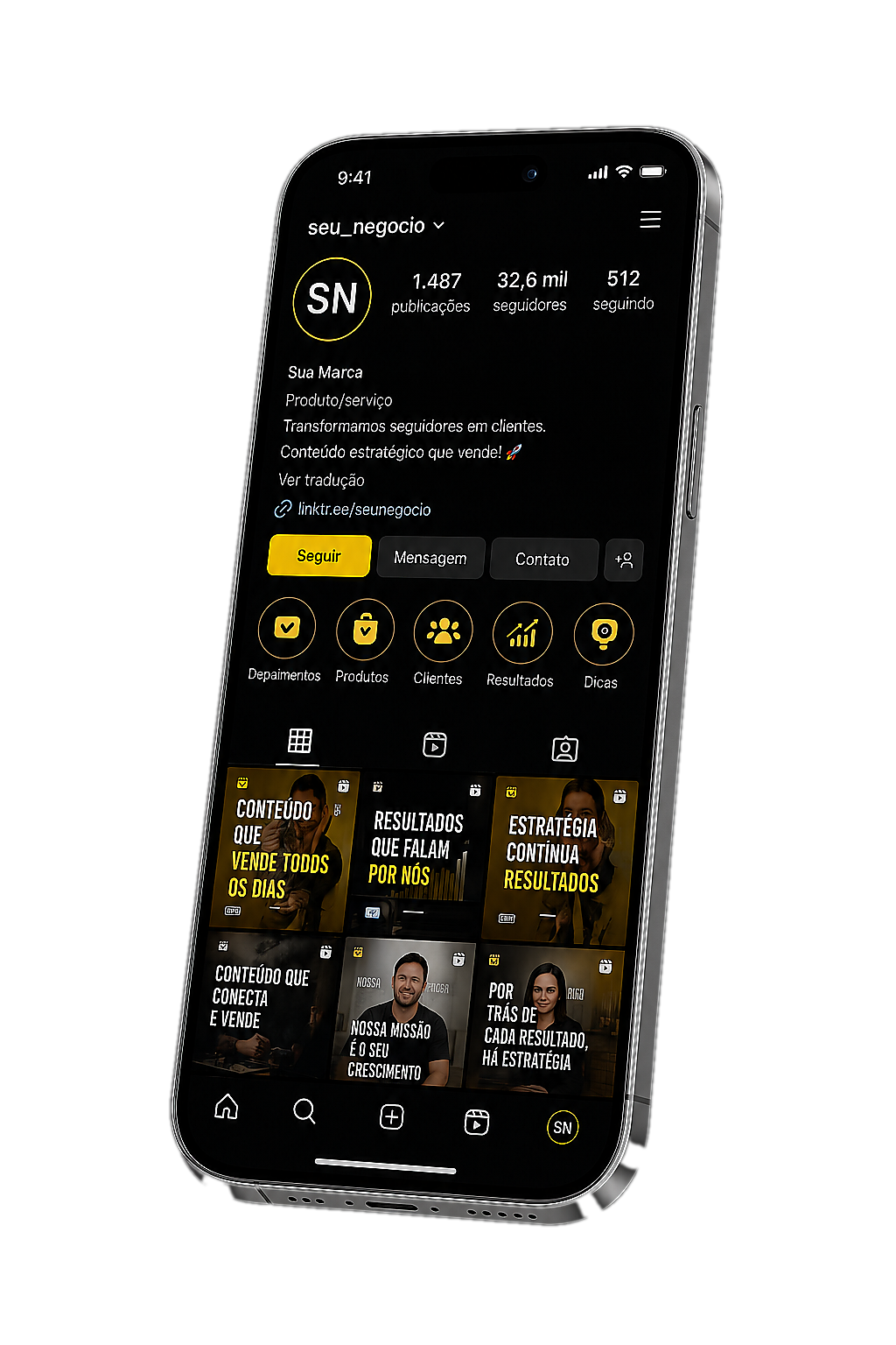 Celular com perfil de Instagram e resultados PageUP